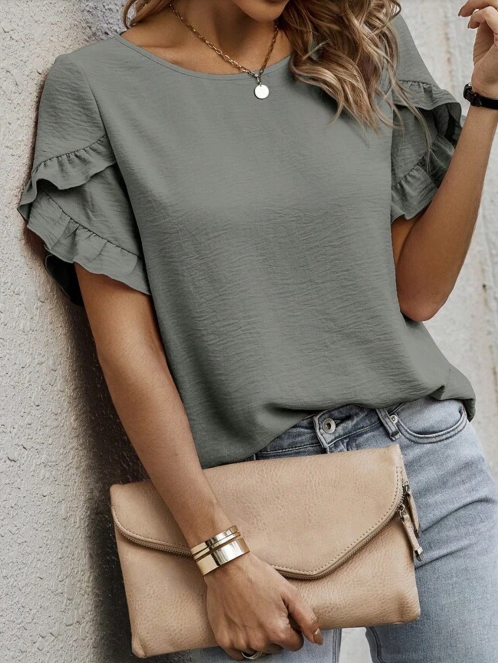 Tan Ruffle Sleeve Blouse - Picture 8 of 16
